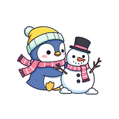 Cute cartoon penguin and snowman wearing scarves and hats, celebrating winter friendship.