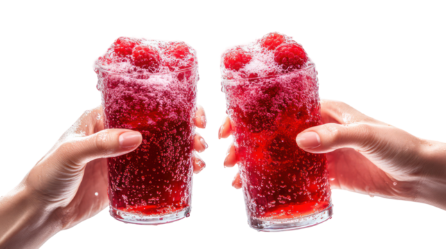 Two hands holding refreshing raspberry drinks isolated on transparent background