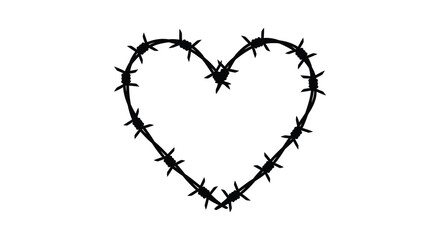 A stark black silhouette of a heart shape formed from barbed wire against a clean white background