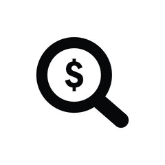 Black magnifying glass icon with dollar sign inside, symbolizing financial search, money analysis, business research, investment concept, and online economic data exploration on a white background.