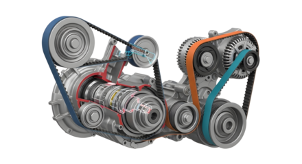 Mechanical Engine Belt System – 3D Automotive Transmission Vector Illustration with Gears and Pulleys