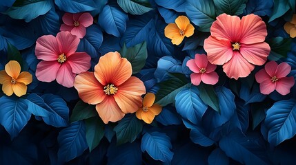 Obraz premium Vivid floral design showcases an array of blooms in shades of pink, orange, and yellow, set against a backdrop of deep blue leaves, creating a rich and captivating botanical scene.