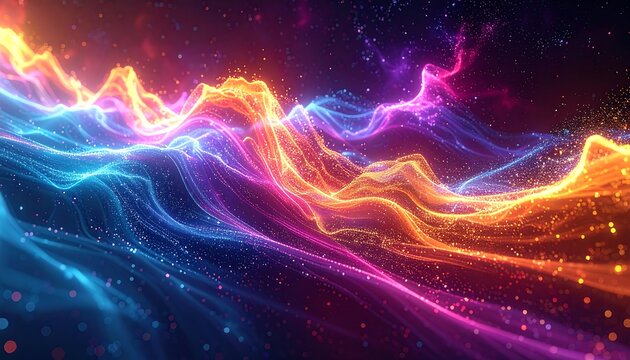 Ethereal waves of light in vibrant hues flow across a dark backdrop, resembling mountains under a starlit sky