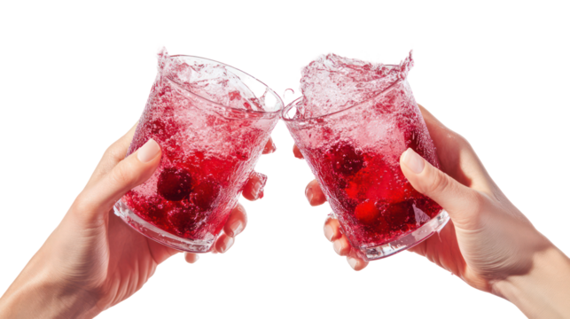 Two hands clinking glasses of red drink isolated on transparent background