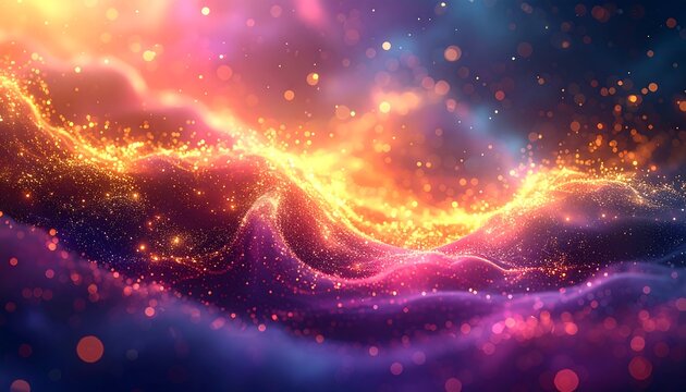 Ethereal waves of sparkling particles blend in a cosmic dance of violet, blue and gold against a dark sky
