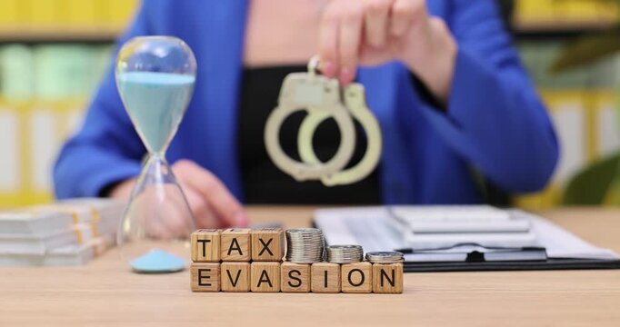 Creative representation of tax evasion consequences in an office setting with a ticking hourglass