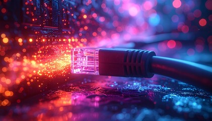 Ethernet cable plugged into a port, with red and blue bokeh lights creating a futuristic tech vibe