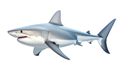 A photorealistic, isolated image of a great white shark in its entirety on a stark white backdrop