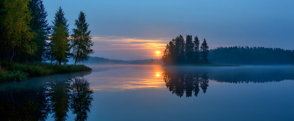 Fototapeta premium A peaceful sunrise lights up a quiet lake with mist and mirrored trees.