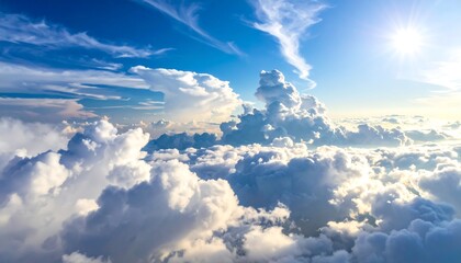 Expansive, bright blue sky filled with fluffy, white cumulus clouds, sun shining brightly in the corner