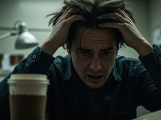 Close-up of a distressed man gripping his messy hair, overwhelmed by stress or despair in a dark office setting with a takeaway coffee cup.