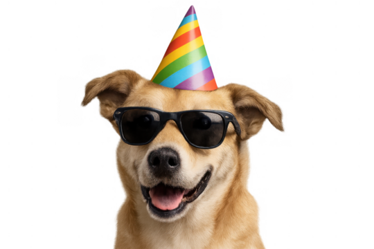 Happy dog celebrating a birthday, wearing a rainbow party hat and stylish black sunglasses, smiling, transparent background