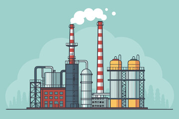 Industrial refinery with multiple smoking emission stacks.