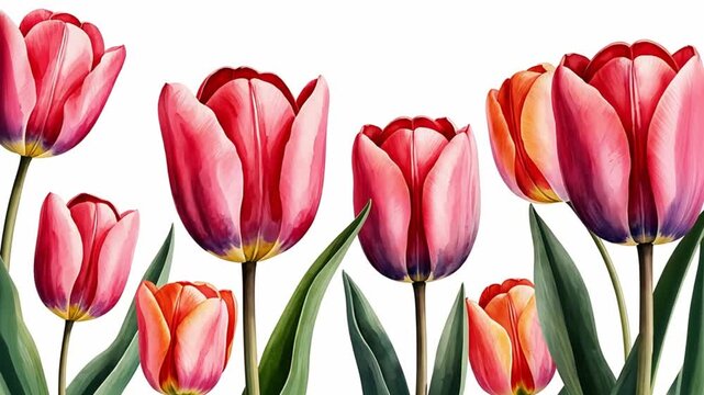 Vibrant pink and orange tulips with green leaves creating a beautiful floral design, perfect for spring and celebration themes