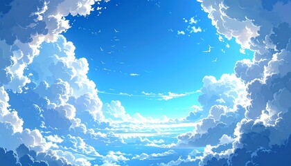 Expansive view to clear bright blue sky, framed by fluffy white cartoonish clouds with light shadows