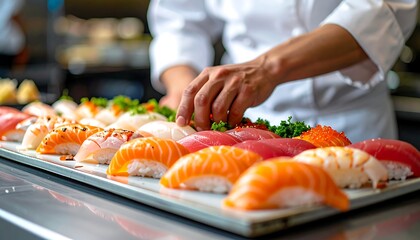 Expertly crafted nigiri sushi sits on a platter, with a chef meticulously adding the final touches in a restaurant