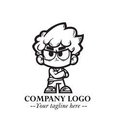 Obraz premium Black and White Chibi Boy Illustration with Jacket and Boots in Bold Thick Line Art Minimal Style