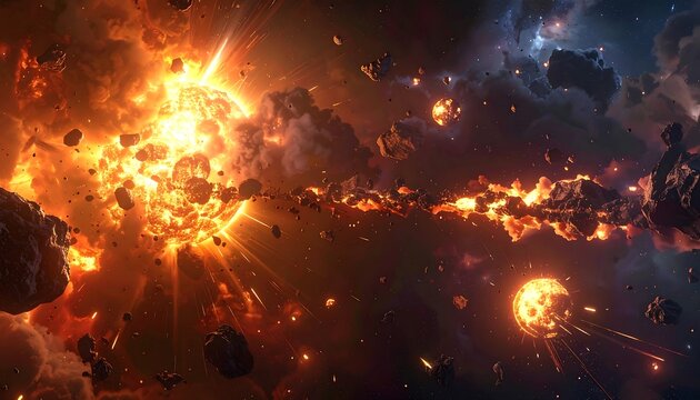 Exploding celestial body surrounded by rocky debris and glowing gas in deep space, with other distant celestial bodies