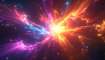 Explosive cosmic burst of vibrant colors, radiating from a central point in space. Soft edges