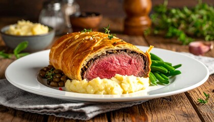 Exquisite Beef Wellington slice served with mashed potatoes, beans, and herbs on a white plate atop a wooden table