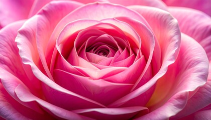 Extreme closeup of a pink rose with layered petals spiraling inward, bathed in soft, diffused light