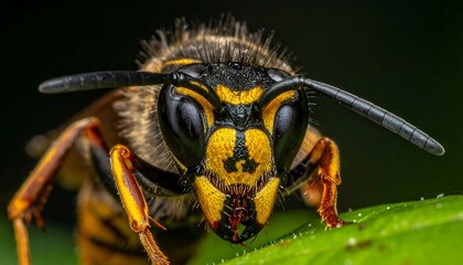 Extreme closeup of a wasp with black antennae and bright yellow markings against dark background, resting on a green leaf