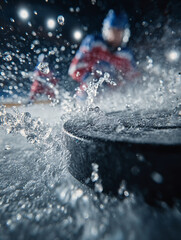 Puck Flying Across Ice During Hockey Game