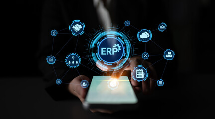 ERP icons show management, integration, and business process. ERP supports data management, ERP efficiency, and ERP organizational solutions. Entice