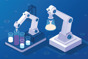 Precise robotic arms meticulously mix diverse chemical solutions within a sterile, high-tech laboratory environment, showcasing advanced automation and scientific experimentation.