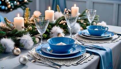 New Year's table setting in blue tones