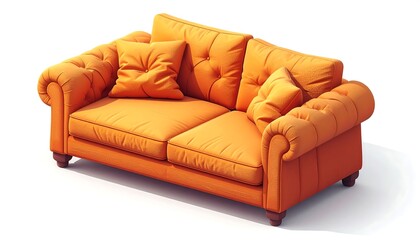 Eye-level view of a short orange couch on a white background, two cushions on the seat, soft lighting