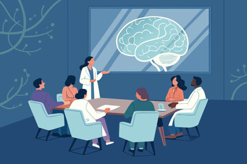 Professional doctors collaboratively discuss medical advancements and patient cases in a modern conference room.