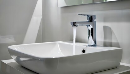 Fototapeta premium a white sink with an open water tap