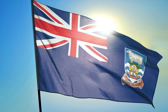 Falkland Islands flag waving in sunlight close-up – British overseas territory blue ensign banner with Union Jack and coat of arms sheep ship Desire the Right motto background blue sky sunny day - Powered by Adobe
