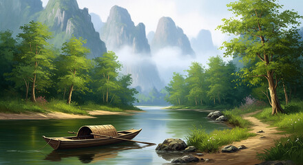 Naklejka premium Tranquil Boat in Misty River with Lush Forests in Oil Art Style 3D Wallpaper