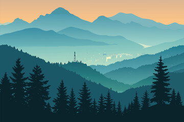 Majestic mountain vista with a city veiled in smoke in the distance.