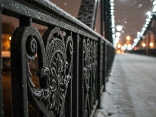 A close-up of a frosted, ornate metal railing on a snow-covered bridge at night, with bokeh lights illuminating the dark, winter scene.