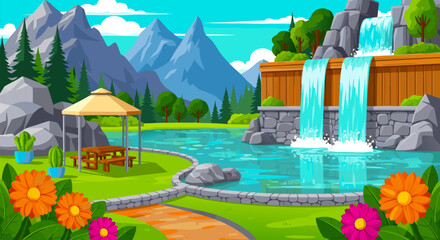 Vector illustration of a peaceful mountain park landscape with a waterfall, gazebo, and colorful flowers by a serene lake