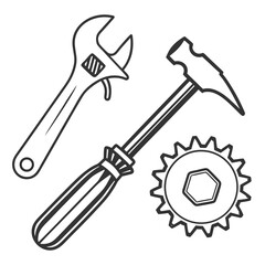 A black and white line drawing of a wrench hammer screwdriver and gear on a white background