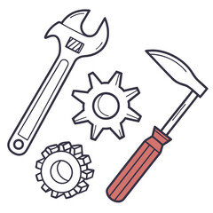 A collection of hand drawn mechanical tools including a wrench gears and a hammer with a red handle on a white background