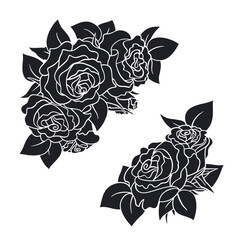 Corner frame of roses, black silhouette isolated on white. Drawing angle border of roses with leaves, stencil style. Vector clipart, flowers illustration for floral design, wedding or greeting card.