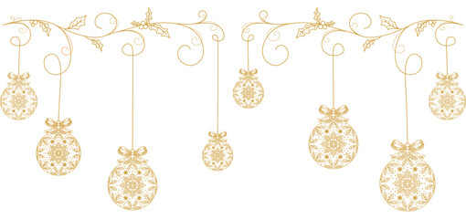 Golden Christmas ornaments hanging on holly garland border