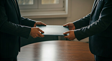 Professional executives exchanging contract document during business meeting, collaboration