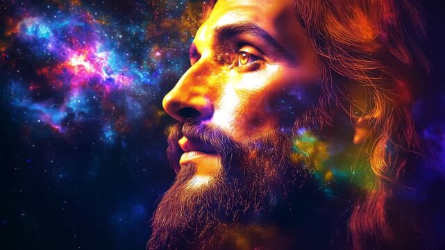 A tranquil Jesus Christ face contemplates the universe, surrounded by colorful cosmic imagery that highlights the beauty of existence