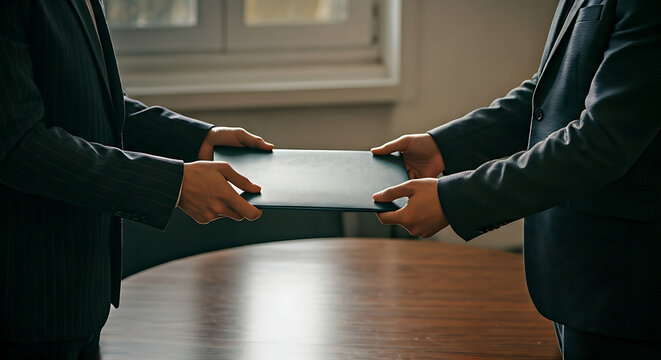 Professional executives exchanging contract document during business meeting, collaboration