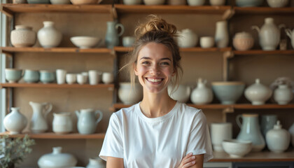 Smiling woman in pottery shop surrounded by handmade ceramics. She is happy and proud of her work. Shelves filled with various pots and vases.