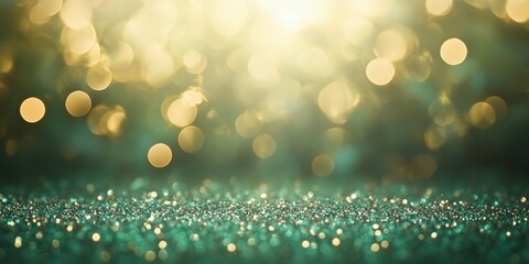 Obraz premium Elegant Christmas Sparkling Luxury Wallpaper with Soft Blurred Gold Light Bokeh and Green Particles