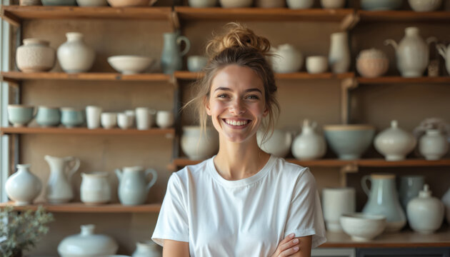 Smiling woman in pottery shop surrounded by handmade ceramics. She is happy and proud of her work. Shelves filled with various pots and vases.