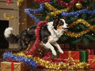 Digital painting of an excited Border Collie jumping near a Christmas tree, surrounded by colorful tinsel, confetti, and holiday presents.