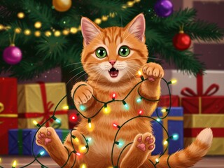 Cute illustration of an orange kitten playing mischievously with colorful Christmas lights under a decorated tree surrounded by presents.